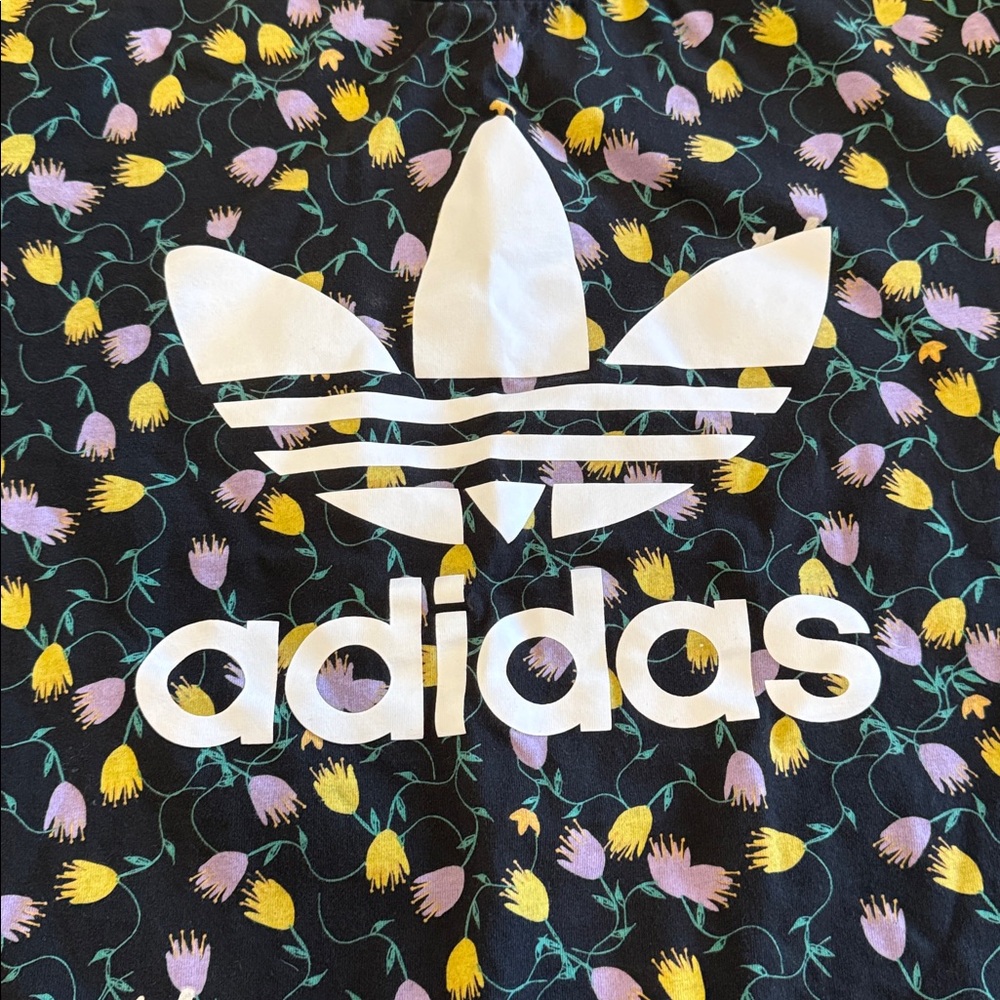 Adidas Crew Neck Tee T-Shirt Black Purple Yellow Flowers Floral Size Large EUC - Picture 2 of 4